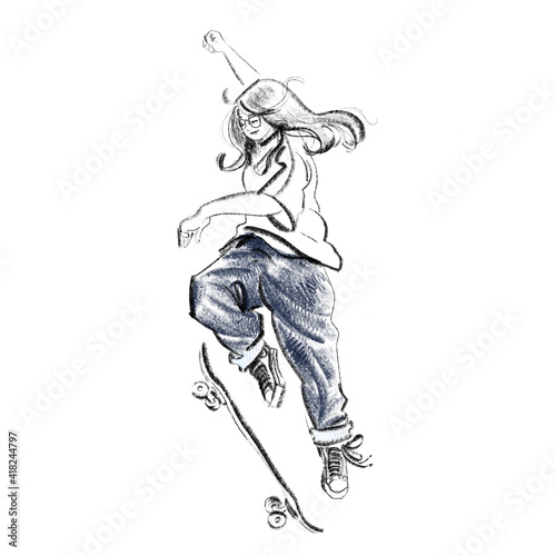 Skater female ollie on skateboard, digital drawing, Isolated items on white background
