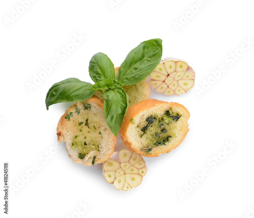 Toasted bread with garlic on white background