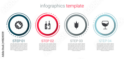 Set Bottle cap, Bottles of wine, Hop and Wine glass. Business infographic template. Vector.
