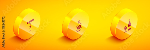 Set Isometric Wine corkscrew, Bottle of cognac brandy and bottle with glass icon. Vector.