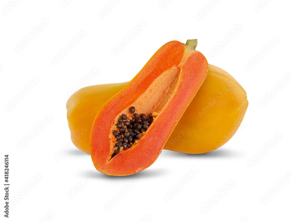 Isolated whole and half papaya on white background with clipping path Isolated whole and half papaya on white background with clipping path