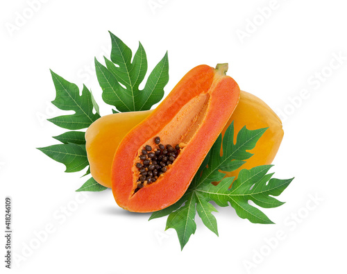 Isolated whole and half papaya on white background with green papaya leaf and clipping path