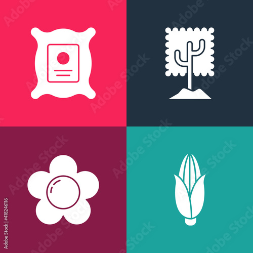 Set pop art Corn, Flower, Tree and Pack full of seeds of plant icon. Vector.