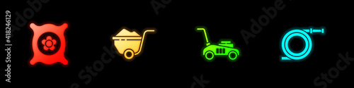 Set Pack full of seeds of plant, Wheelbarrow with dirt, Lawn mower and Garden hose or fire hose icon. Vector.