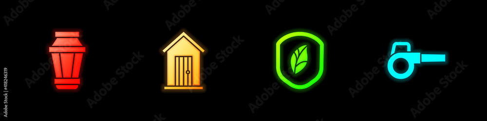 Set Garden light lamp, Farm house, Shield with leaf and Leaf garden blower icon. Vector. Set Garden light lamp, Farm house, Shield with leaf and Leaf garden blower icon. Vector.
