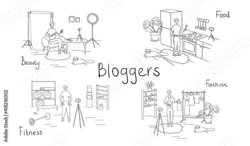 Set of bloggers and vloggers characters making internet content. Peoples creating video for their blog channel. Influencers shooting vlog. Vector cartoon illustration