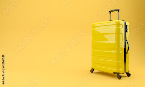 Yellow travel suitcase on a yellow background. 3D rendering illustration.