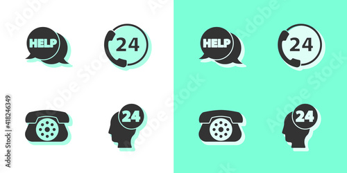 Set Support operator in touch, Speech bubble with text Help, Telephone and 24 hours support icon. Vector.
