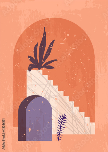 Vector Morocco inspired mid century modern boho style home decor. Modern abstract landscape. Arch door staircase minimal print. Home decoration wall art. Orange and ultramarine colors, paint texture