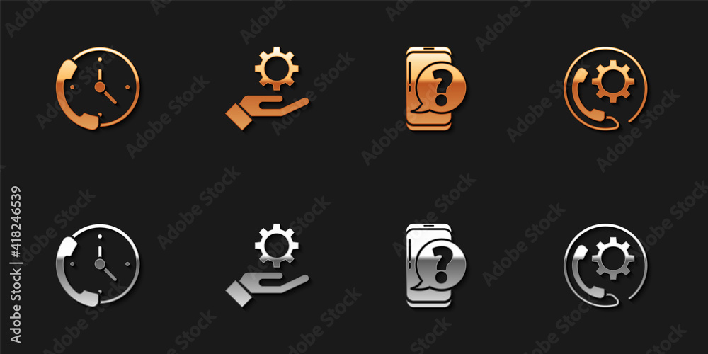 Set Telephone 24 hours support, Settings in the hand, Mobile with question and icon. Vector. Set Telephone 24 hours support, Settings in the hand, Mobile with question and icon. Vector.
