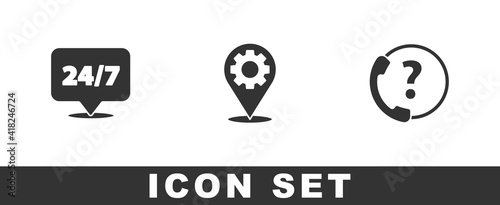 Set Clock 24 hours, Location with gear and Telephone support icon. Vector.