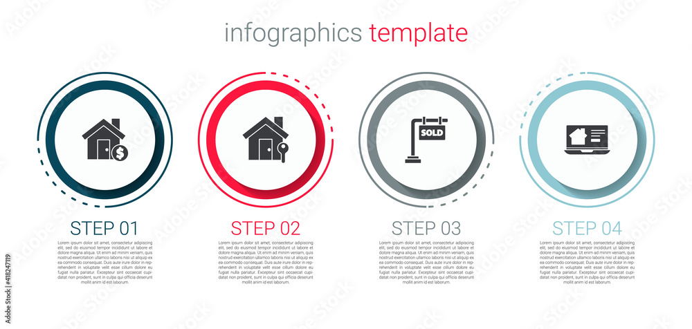 Set House with dollar symbol, key, Hanging sign Sold and Online real estate house. Business infographic template. Vector. Set House with dollar symbol, key, Hanging sign Sold and Online real estate house. Business infographic template. Vector.