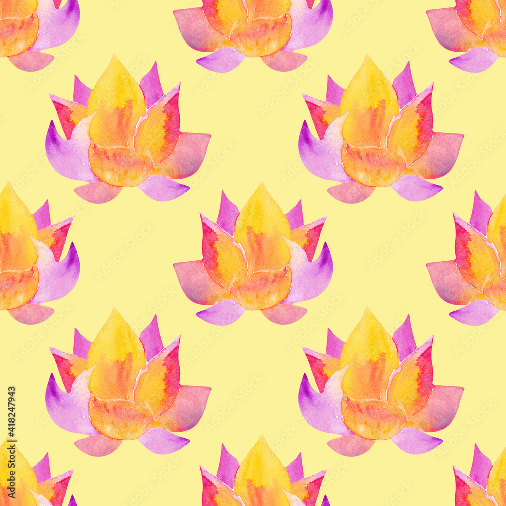 Tropical seamless pattern with lotus flower, watercolor waterlily. Floral print on yellow background. Tropical seamless pattern with lotus flower, watercolor waterlily. Floral print on yellow background.