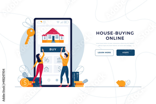 Buy a house online landing page template. Couple buying new home, touching the button on smartphone screen. Home-buying, property digital purchase concept for website. Flat cartoon vector illustration