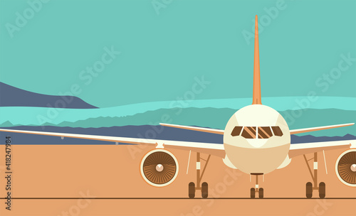 Jet plane on the background of an abstract landscape. Front view. Vector flat style illustration.