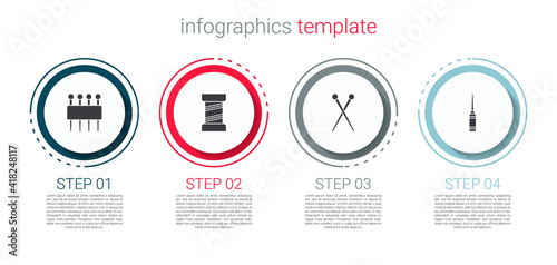 Set Needle for sewing, Sewing thread, Knitting needles and Awl tool. Business infographic template. Vector.
