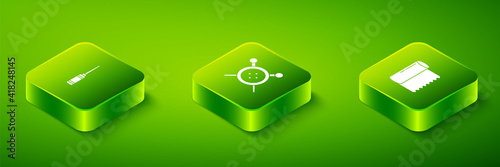 Set Isometric Sewing button and knitting needles, Textile fabric roll and Awl tool icon. Vector.