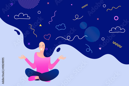 Woman thinking and imagination. Creative artistic scene with thoughts flowing out of head. Dreams vector illustration.
