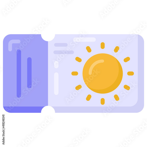 
Sun on card denoting flat icon of beach ticket 

