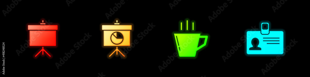 Set Chalkboard with diagram, , Coffee cup and Identification badge icon. Vector.