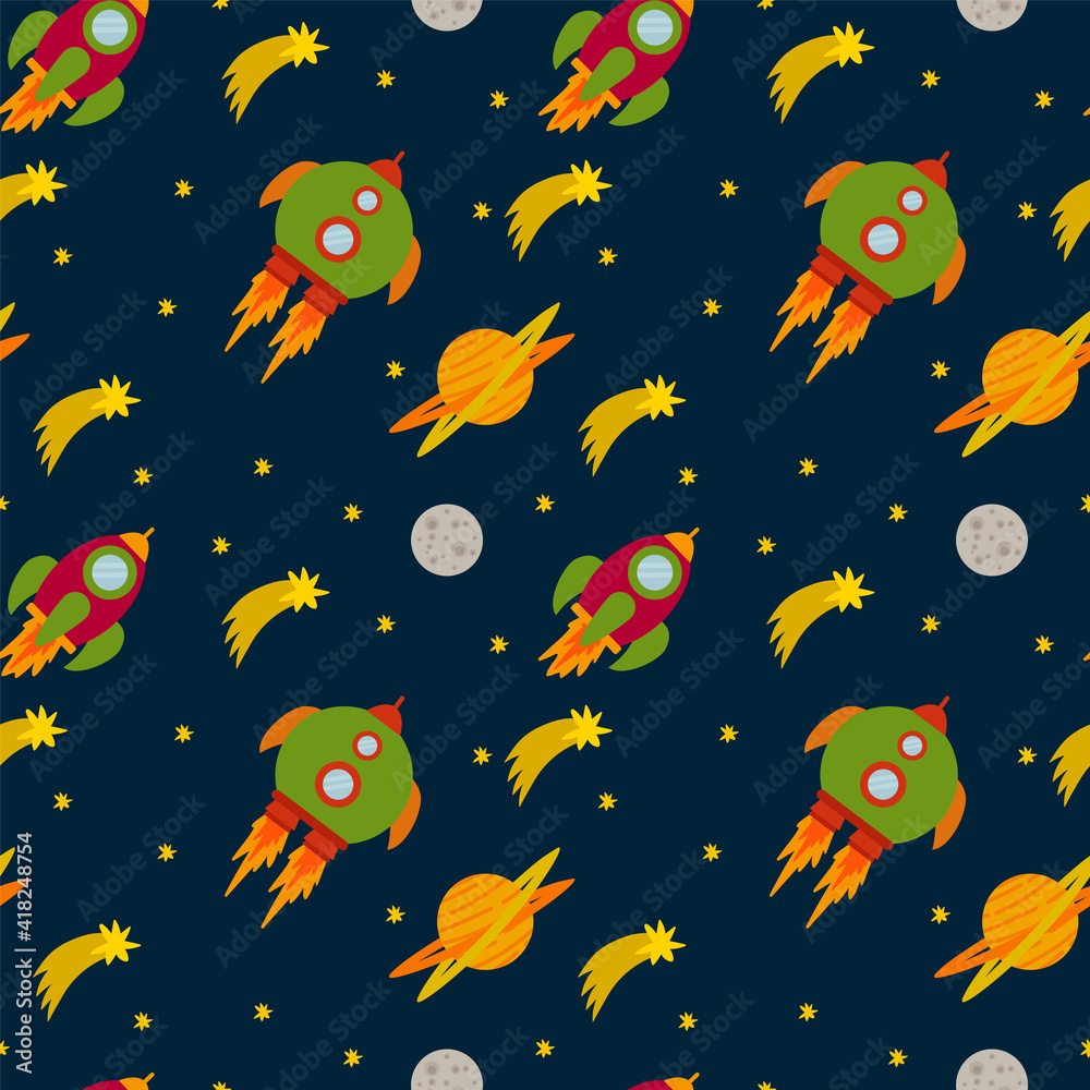 Obraz premium Background of a Planet with Rockets in the solar system. Bright planets in a circle of stars and rockets. Cartoon illustration of Saturn, Mercury. Pattern for children's textiles for sleep