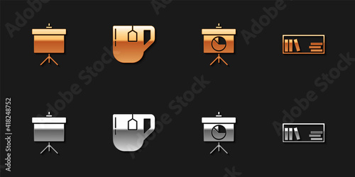 Set Chalkboard with diagram, Cup of tea tea bag, and Shelf books icon. Vector.