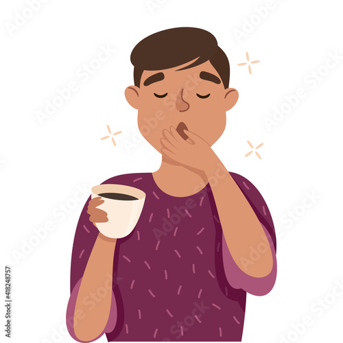 Sleepy Man with Cup of Coffee Yawning Covering His Mouth with His Hand Feeling Need for Sleep Vector Illustration