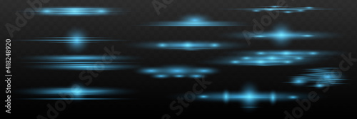 Blue horizontal lens flares pack. Laser beams, horizont
