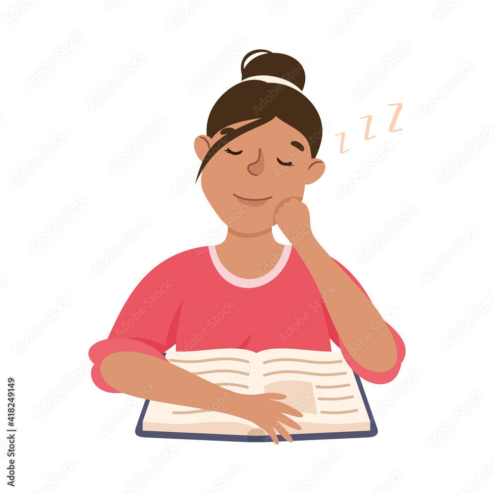 Young Woman with Open Book Slumbering or Drowsing with Hand Reclined Upon His Head Vector Illustration Young Woman with Open Book Slumbering or Drowsing with Hand Reclined Upon His Head Vector Illustration