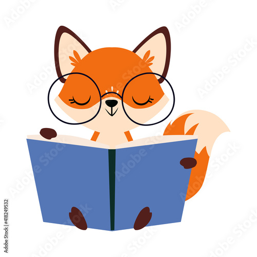 Cute Little Fox in Glasses Reading Book Vector Illustration