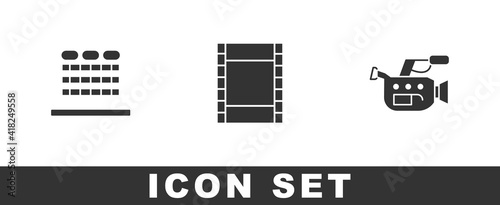 Set Cinema auditorium with seats, Play Video and camera icon. Vector.