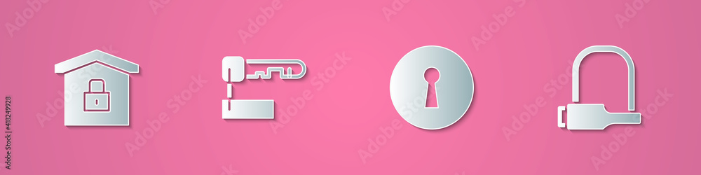 Set paper cut House under protection, Marked key, Keyhole and Bicycle lock icon. Paper art style. Vector. Set paper cut House under protection, Marked key, Keyhole and Bicycle lock icon. Paper art style. Vector.