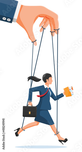 Businesswoman marionette is hanging on ropes. Hand of puppeteer holding business woman on leash. Puppet doll worker, abuse of power, manipulation. Vector illustration in flat style