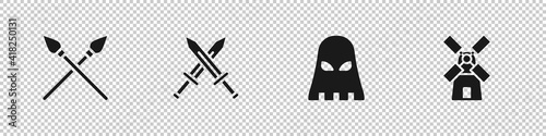 Set Crossed medieval spears, sword, Executioner mask and Windmill icon. Vector.
