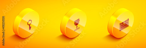 Set Isometric Old key, Medieval goblet and Antique treasure chest icon. Vector.