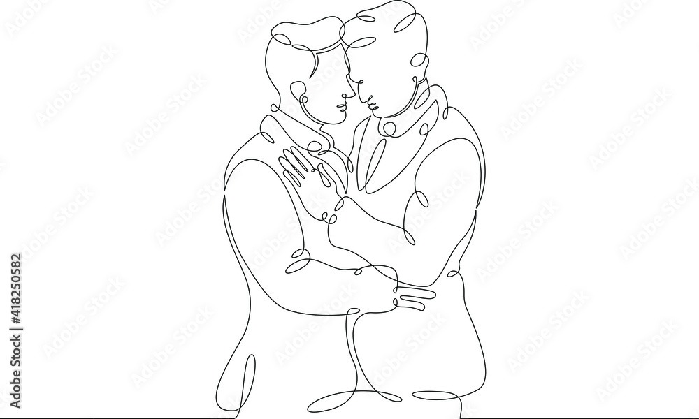 Gay couple.Romantic hugs of lovers. Close relationships, tenderness, emotions. Hugs of a couple. Embrace. One continuous drawing line  logo single hand drawn art doodle isolated minimal illustration.