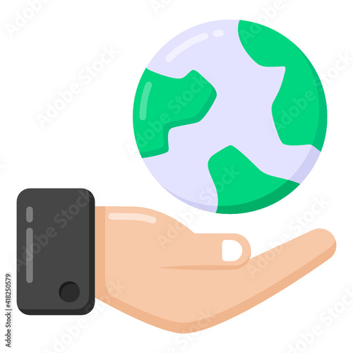 
Hand with globe denoting flat icon of global care 

