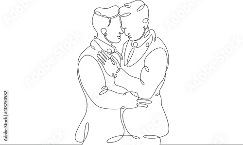 Gay couple.Romantic hugs of lovers. Close relationships, tenderness, emotions. Hugs of a couple. Embrace. One continuous drawing line  logo single hand drawn art doodle isolated minimal illustration.