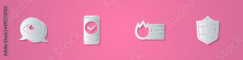 Set paper cut Eye scan, Smartphone, Firewall, security wall and Shield with brick icon. Paper art style. Vector.