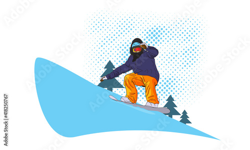 A snowboarder slides down a mountain. Vector illustration.