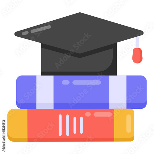 
Mortarboard with books denoting flat icon of graduation 

