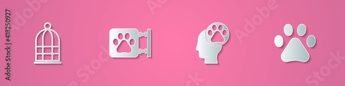 Set paper cut Cage for birds, Veterinary clinic, Human with animals footprint and Paw icon. Paper art style. Vector.
