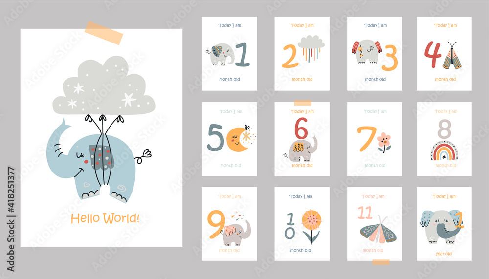 Monthly baby cards with cute elephants