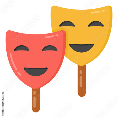 
Face masks, theme party theatre masks icon in flat vector design 

