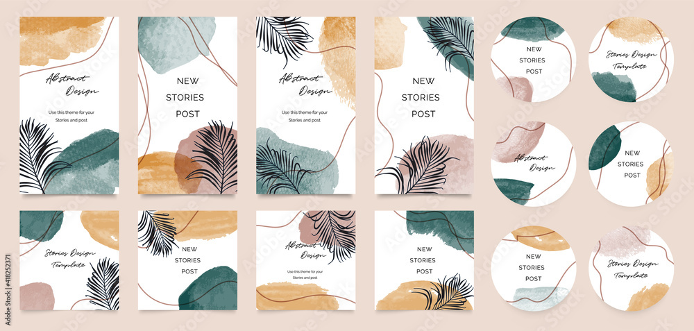 Social  story templates and highlights covers vector set. Social media background design with floral and hand drawn organic shapes textures. Abstract minimal trendy style wallpaper.