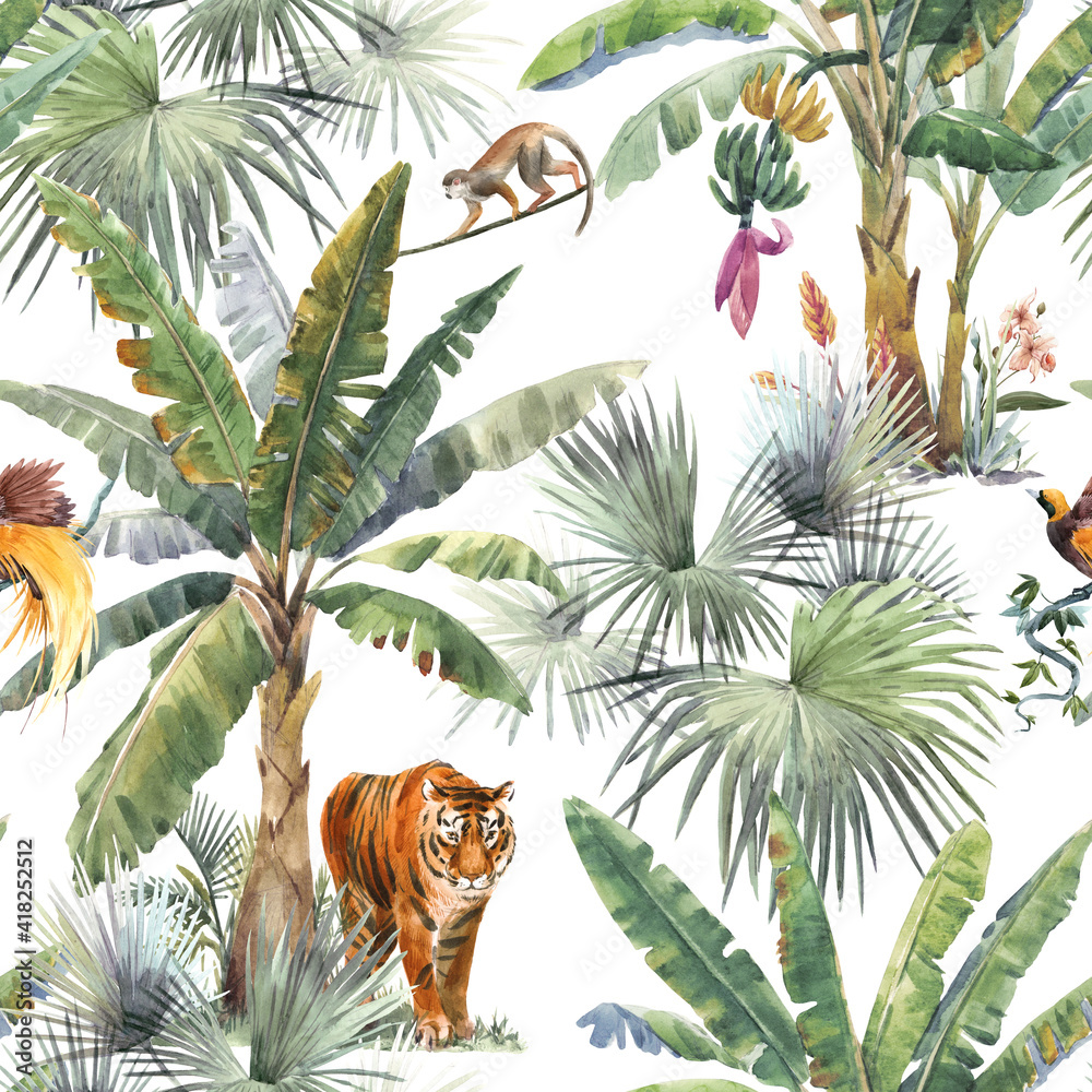 Beautiful seamless pattern with watercolor tropical palms and jungle animals tiger, giraffe, leopard. Stock illustration.