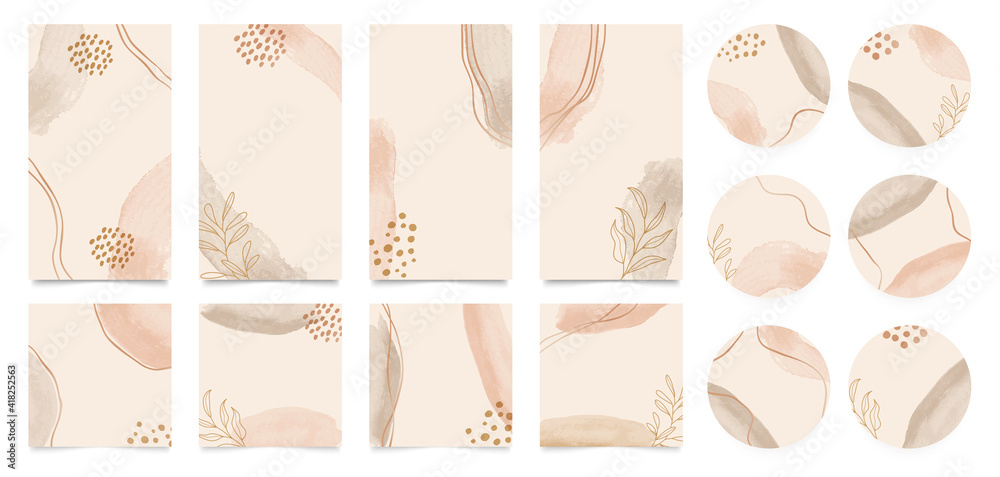 Social story templates and highlights covers vector set. Social media background design with floral and hand drawn organic shapes textures. Abstract minimal trendy style wallpaper. 