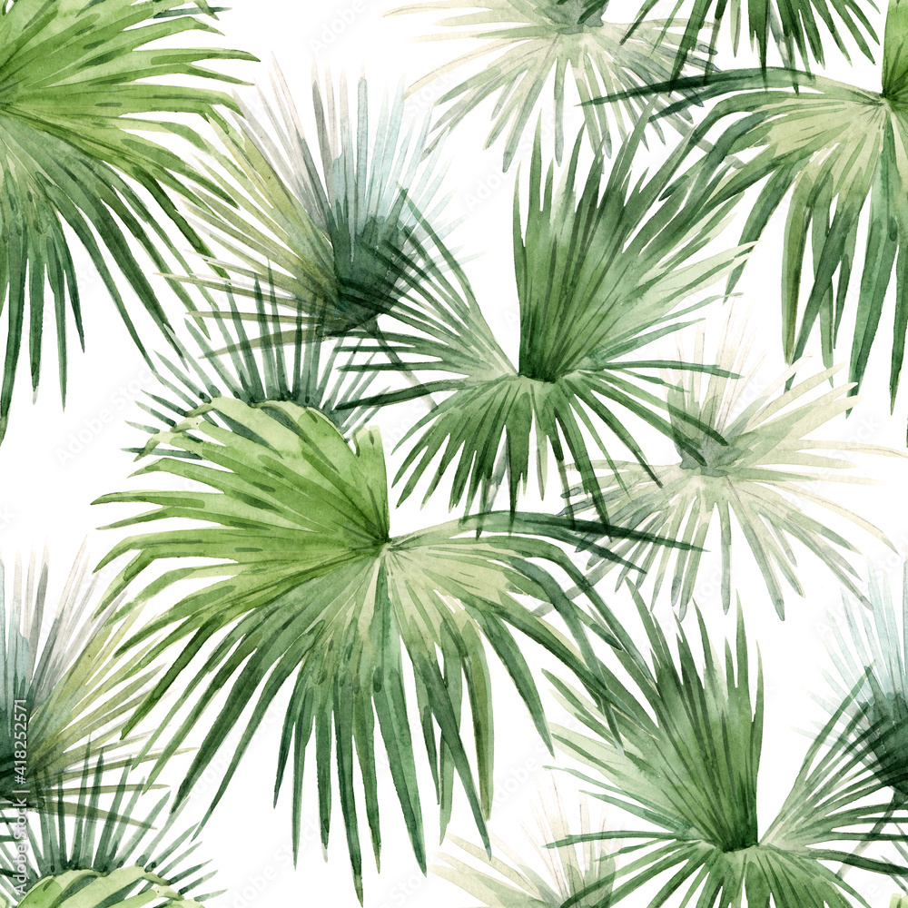Beautiful seamless pattern with watercolor tropical palm leaves. Stock illustration.