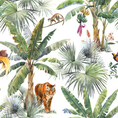 Crédence de cuisine Tropical ensemble 1 patrons Palmiers aquarelle tigre girafe léopard jungle  © Zenina-Lembrik