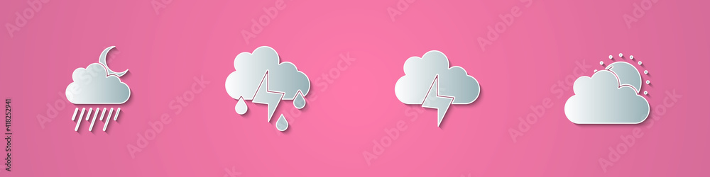 Set paper cut Cloud with rain and moon, lightning, Storm and Sun cloud weather icon. Paper art style. Vector. Set paper cut Cloud with rain and moon, lightning, Storm and Sun cloud weather icon. Paper art style. Vector.